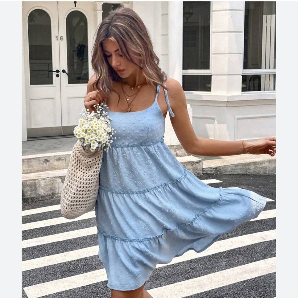 Shein Light Blue Swiss Dot Tiered Mini Dress Smocked Back Tie Babydoll Small